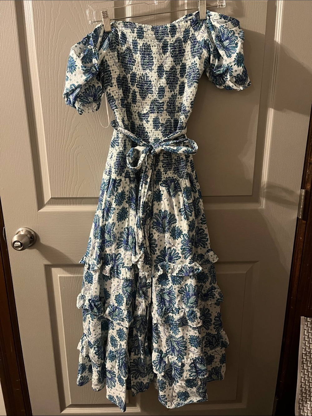 J. Crew Point Sur Smocked Tiered White and Blue Floral Midi Dress